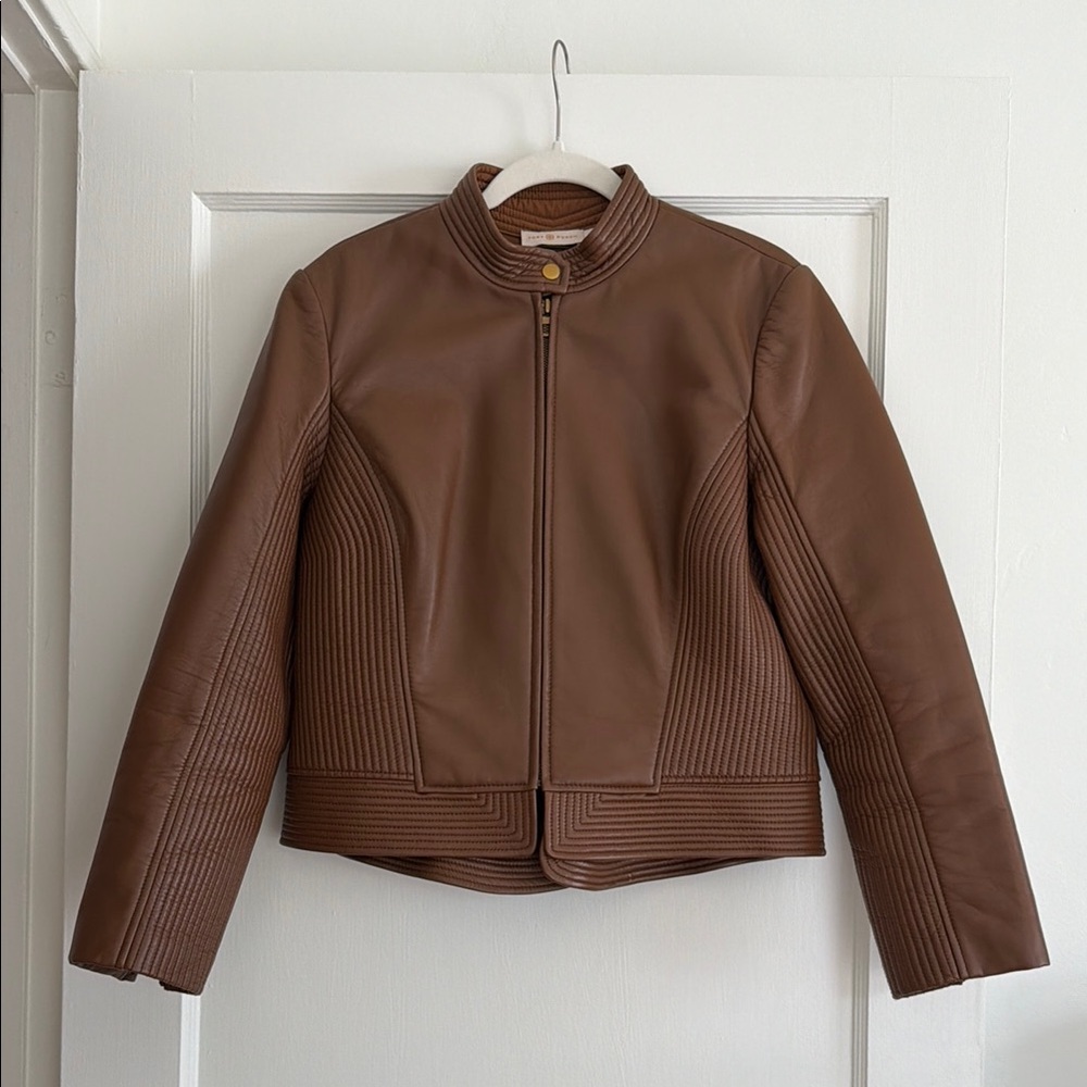 Tory Burch Calista Brown Leather Riding Jacket 14 - Picture 2 of 11